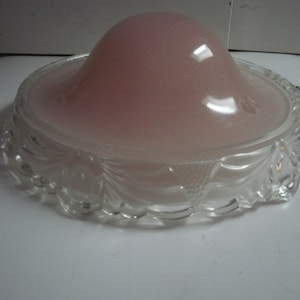 1940s Art Deco Style Light Fixture Setof 3, Soft Pink with Clear Scolloped Edges 3 Chain Light Shade
