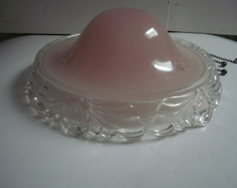 1940s Art Deco Style Light Fixture Setof 3, Soft Pink with Clear Scolloped Edges 3 Chain Light Shade