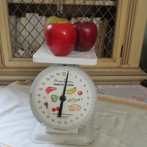 American Family Scales, Kitchen Scales, White face scales with fruit and vegetables.
