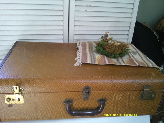 Extra Large Suitcase, Brown Herringbone, Leather … - image 1