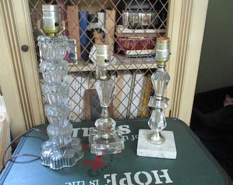 Here is a grouping of Night Table Lamps, Take 1, 2 or all. Beautiful stacked glass , all in working condition. One has a Marble base.