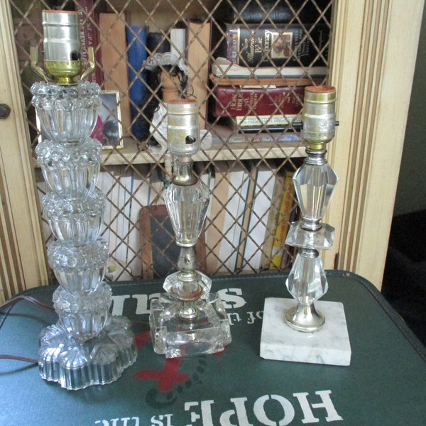 Here is a grouping of Night Table Lamps, Take 1, 2 or all. Beautiful stacked glass , all in working condition. One has a Marble base.