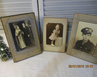 Vintage Pictures in Cardboard Frames, Little Blonde Hair Girl, Wedding Couple