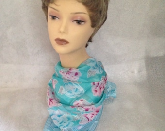 Berkshire Silken Polyester Scarf Turquoise and Shades of Rose