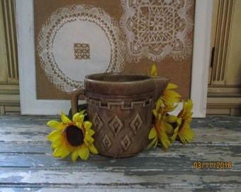 Antique Stoneware Pitcher, Diamond Pattern, Western Monmouth, 1930's-40's, 5" tall and 6" from Spout to Handle.