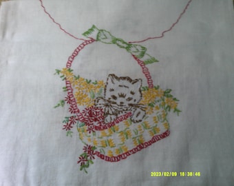 Sweet Little Hand Embroidered Dresser Scarf, Kitten in a Basket. Measures 37 inches long and 13 inches wide. Hand Embroidered Lace each end.
