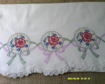 Beautifully Hand Embroidered Single Pillow Case. 3 Flowers and Lavender and Green Ribbon. Crocheted Lace on bottom Standard Size Pillow Case