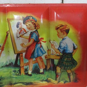 Adorable Child's Paint Set, Marked Made in Scotland, Pictured Children outside painting, two boys dressed in Kilts, oh so cute. image 3