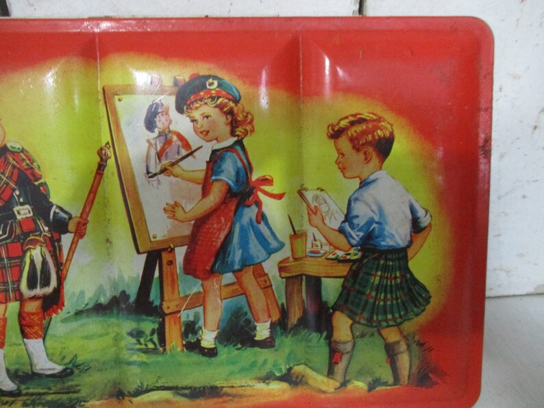 Adorable Child's Paint Set, Marked Made in Scotland, Pictured Children outside painting, two boys dressed in Kilts, oh so cute. image 3