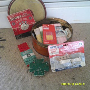 Vintage Cookie Tin filled with Sewing Notions. Handmade Pin Cushion, Vintage Advertising. Rick Rack, Seam Binding and much more.