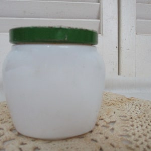 White Milk Glass Cold Cream Jar, Green Screw on lid, Large Jar, Vintage Milk Glass.