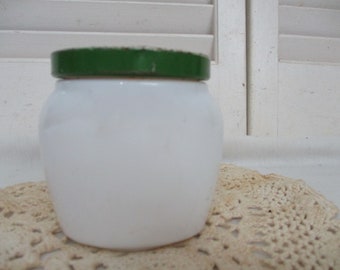 White Milk Glass Cold Cream Jar, Green Screw on lid, Large Jar, Vintage Milk Glass.