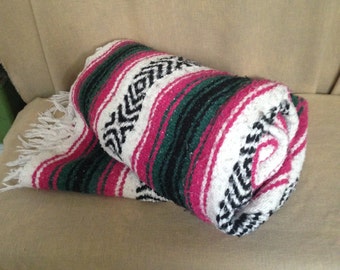 Mexican Falsa Blanket 4" Fringe 50x75 Picnic Blanket Winter Throw Hot Pink Green Black and White