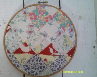 Vintage Wood 8 inch Embroidery Hoop with Handstitched Feed sack Material