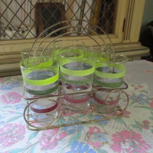 Oh So Retro, Set of 6, 5 inch Glasses, and a Shabby Metal Glass Caddy.
