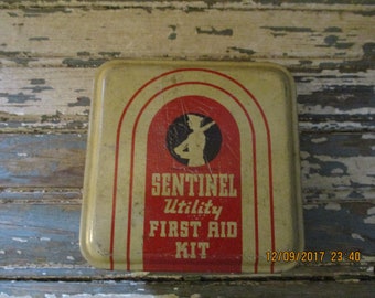 Cute Advertising Tin, Sentinel Utility First Aid Kit, Made by The Forest City Rubber Co., Cleveland Ohio