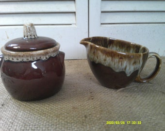 Brown Ceramic Stoneware Brown Drip Cream and Sugar/with lid Set.