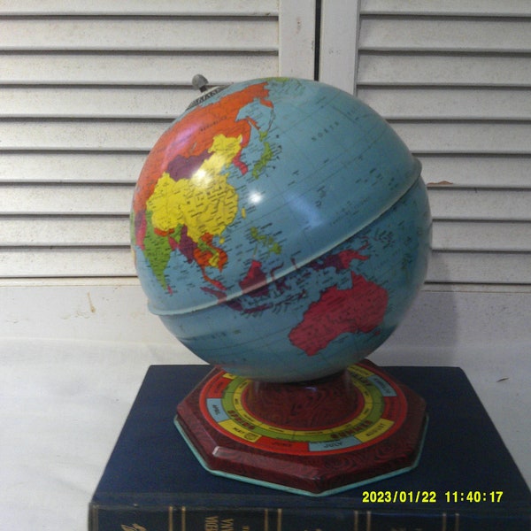 Colorful J. Chein World Globe, 7 1/2 inch Globe, J Chein Lunar Moon Tin Globe, 1960s Vintage, Zodiac Signs.