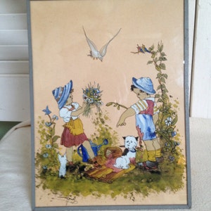 Vintage French Picture Painting Children Playing Painted on Glass Reverse Painted Picture Country Cottage Chic Country French Living