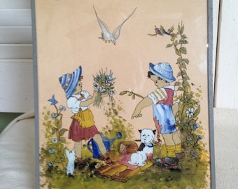 Vintage French Picture Painting Children Playing Painted on Glass Reverse Painted Picture Country Cottage Chic Country French Living