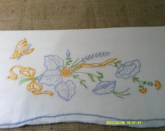 Sweet Little Hand Embroidered Single Pillow Case. Embroidered Blue Flowers and Gold Butterfly. Standard Size Pillow Case