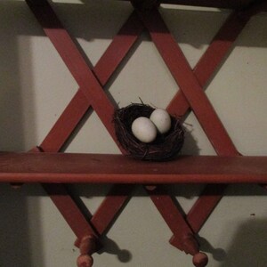 May include: A wooden shelf with a criss-cross design, painted red. A small bird's nest with two white eggs sits on the shelf.