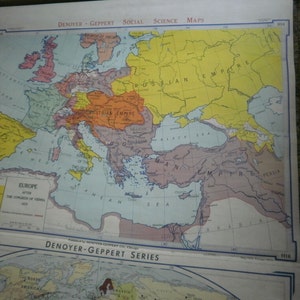 Reduzierte Europa 1967 Weltenerkundung und Entdeckung Old School Pull Down Landkarte von Mitte des 13. bis Anfang des 20. Jahrhunderts