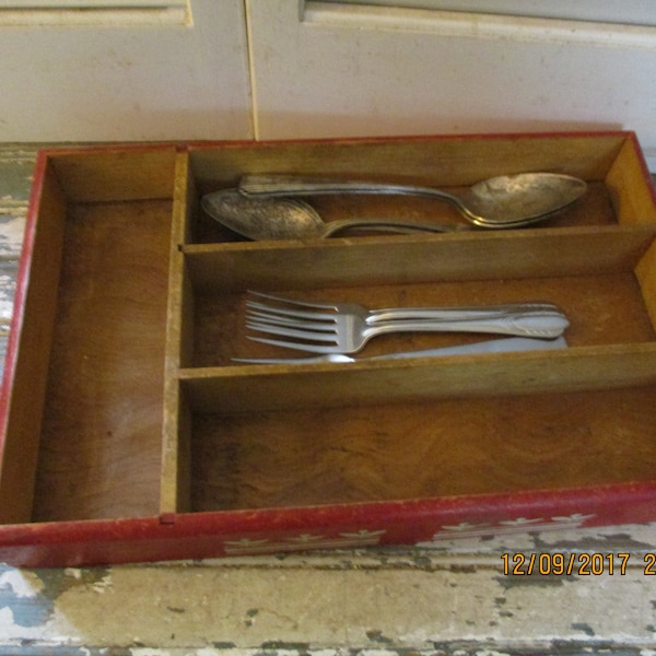 Art Deco Cutlery Tray, Red with white Designs, Serving pieces for Knifes, forks, spoons and tea spoons, All wood, Retro Kitchen.