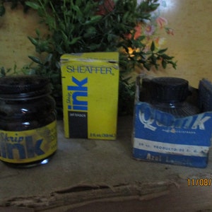 Vintage Ink Bottles, Skrip Ink Bottle and Original Box; Ink still in Bottle, Parker Quink Bottle and Original Box, Display Items
