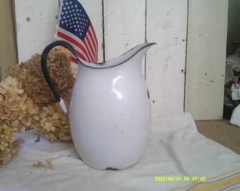 Vintage White Enamel Pitcher with black handle