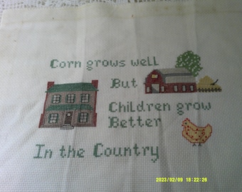 Counted Cross Stitch, 13x17, "Corn grows well But Children grow Better in the Country." Stitched in green thread, House and barn and chicken