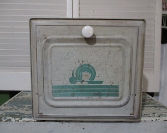 Bread Warming Cabinet, Original Decal on frount, White Distressed Metal Cabinet with Turquoise Details on Door