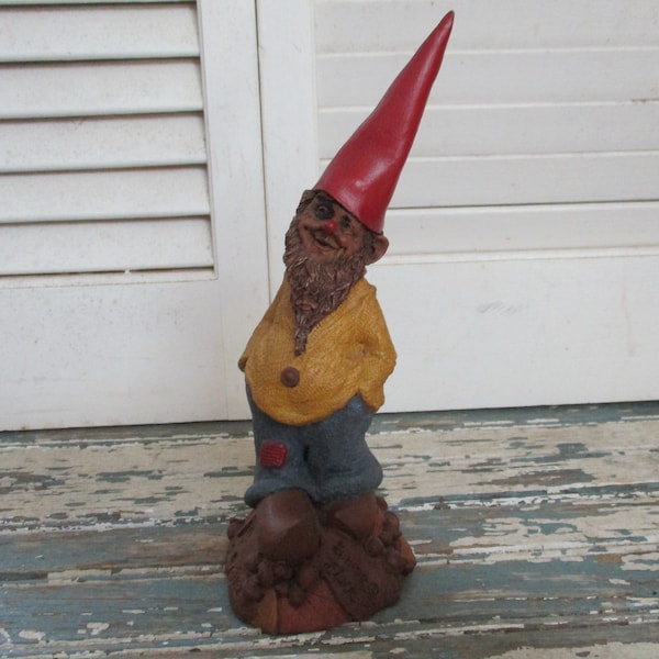 Clark Gnome "Shiner", Dated 1988, Tall Red Dome Hat, Yellow Shirt and Blue Pants with a Patch, Dutch Shoes, Second little Face in Beard.