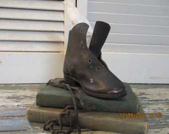 Very Rear Black High Top Baby Shoe, Size 6, Steel Toed, Note inside, Shoe is over 70 years old, and gives the name of person it belong to.