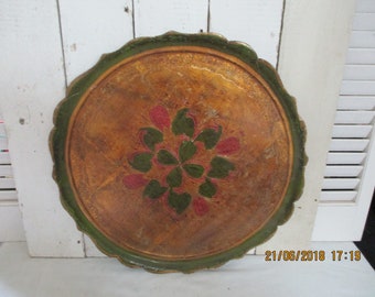 Eligent Round Italian Florentine Decorative Tray Green and Cranberry and Gold Scolloped Edges Hollywood Glamorr