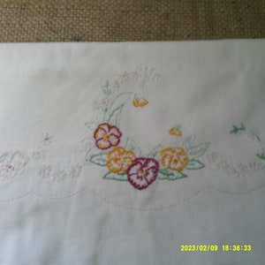 Sweet Little Hand Embroidered Single Pillow Case. Embroidered Pansy Flowers. Standard Size Pillow Case