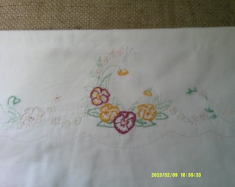 Sweet Little Hand Embroidered Single Pillow Case. Embroidered Pansy Flowers. Standard Size Pillow Case