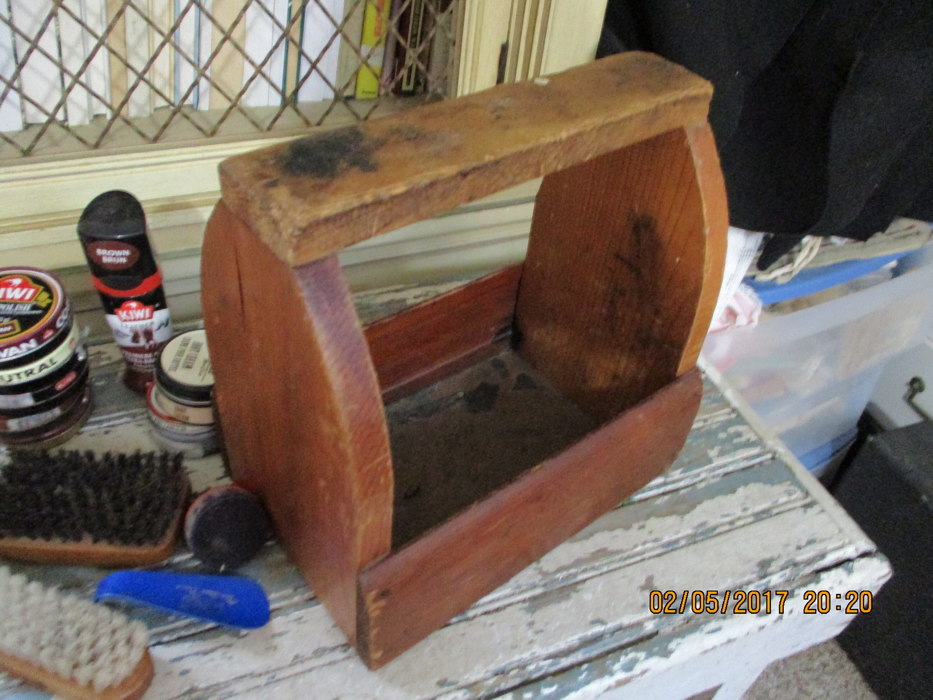 Homemade Show Shine Box with polish and brushes. Wooden