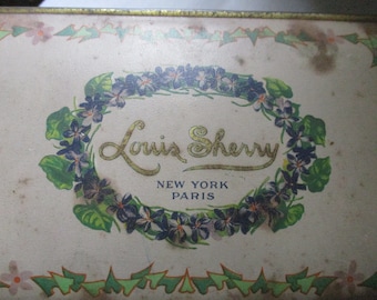 Louis Sherry 2 lb. Candy Tin, New York and Paris, Violets and Ivy Décor. Canco Tin Co. Flowers on 5 Sides. Gold inside.