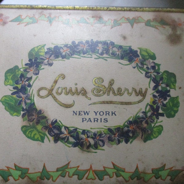 Louis Sherry 2 lb. Candy Tin, New York and Paris, Violets and Ivy Décor. Canco Tin Co. Flowers on 5 Sides. Gold inside.