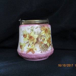 Vintage Porcelain Biscuit Jar, Pink and White, Yellow Flowers, Brass Handle, Perfect condition, Not chips or cracks.