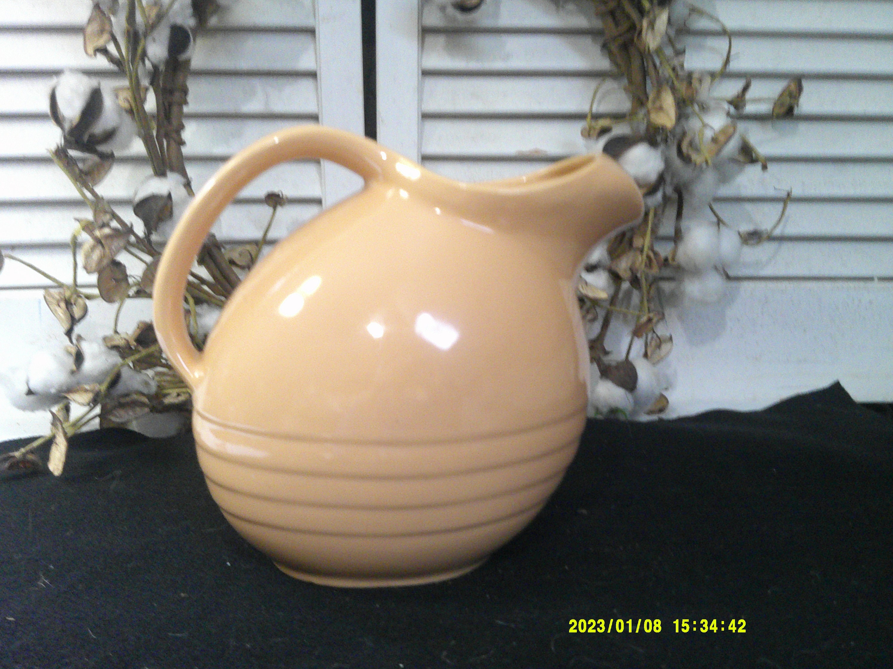 Vintage 1950's Marcrest Banded Ball Pitcher / Coral Orange Stoneware Juice or Tea Pitcher with Ice Lip / Mid Century Kitchen Table Décor