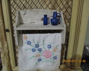 Vintage White Chippy Shelf and Towel Holder, Shabby Chick Design, Farm House Shelf