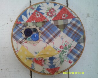 Vintage Wood 8 inch Embroidery Hoop with Handstitched Feed sack Material