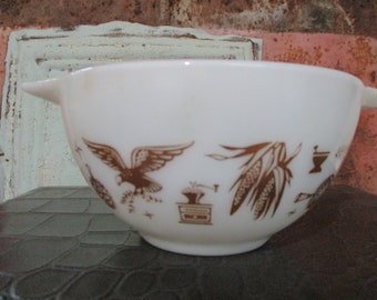 Pyrex Ovenware, 1 1/2 Pint size, Vintage Pyrex 1-1/2 PT Americana Eagle Cinderella Nesting,  brown on white