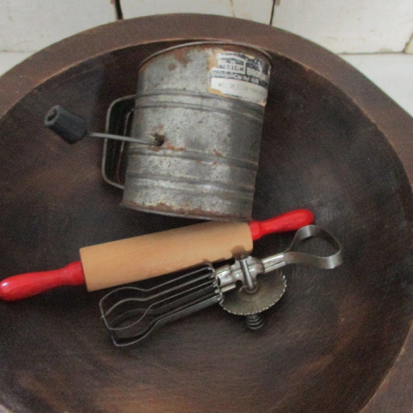 Collection of Childs Cooking Tools, Bromwell 1 cup sifter, Wood Red Handle Rolling Pin, and a adorable Hand Beater made by Baby Bingo.