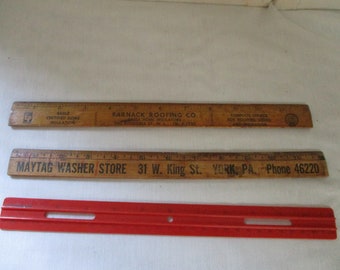 Vintage 12" Rulers, 2 Wooden Rulers have Advertising on both sides and 1 red plastic.