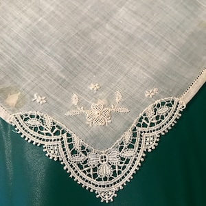 Wedding Hanky, White on White, Lace on 1 corner, Hanky 10 1/2 x 10 1/2&quot;, Lovely Wedding Hanky ,