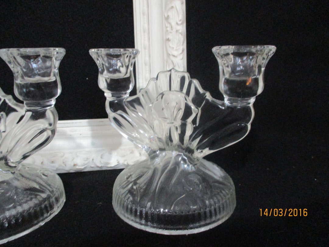 Vintage Pressed Glass Candle Holders, Iris Design, Art Deco Iris and