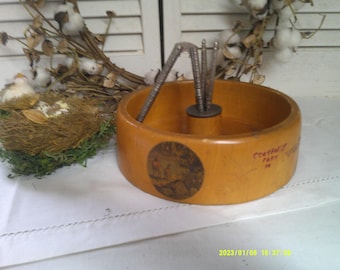 Vintage Nut Wood Dish, 2 Crackers and 4 Picks, Smooth sides and Picture of two deer by the water, Cookforest Park, PA. Souvenir.